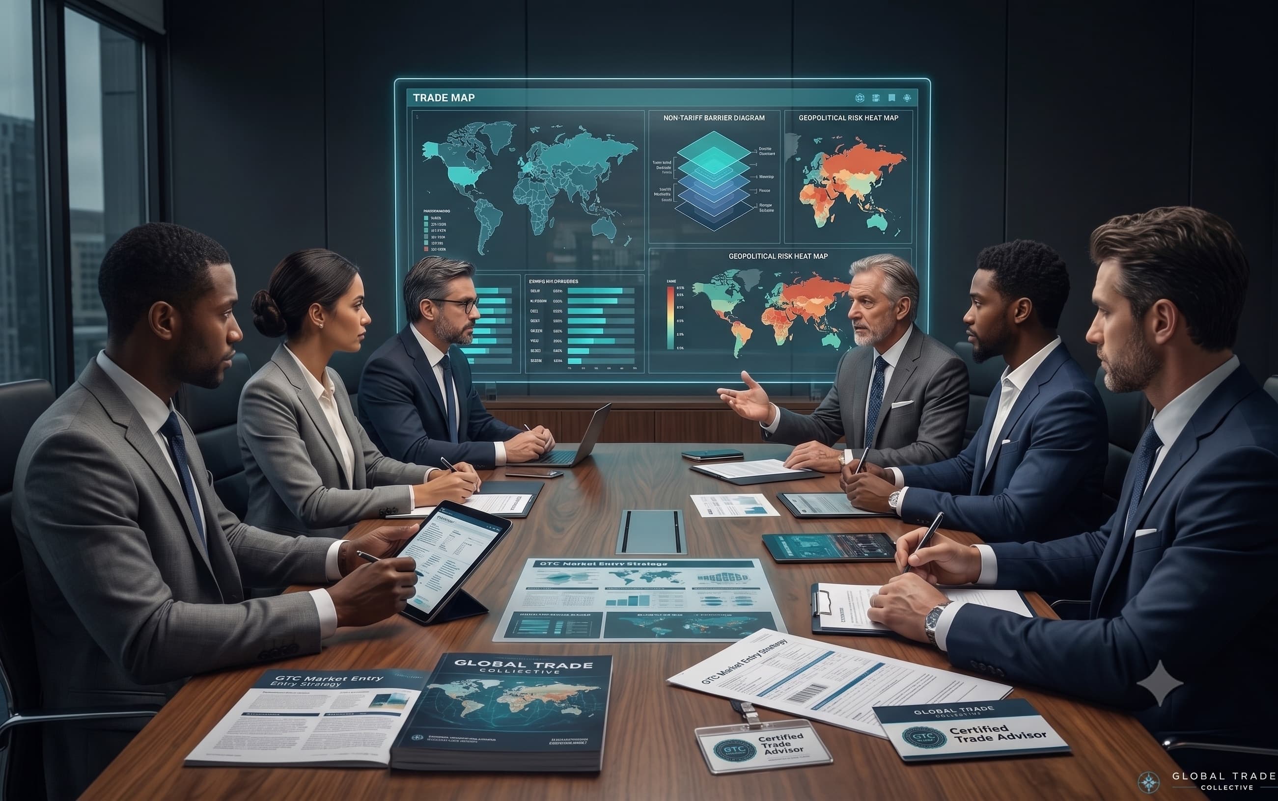 Trade advisors reviewing global market and risk intelligence